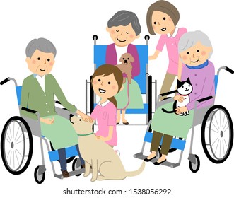 An illustration of an elderly person receiving animal therapy.