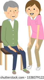 Illustration of an elderly person sitting in a chair and a caregiver.