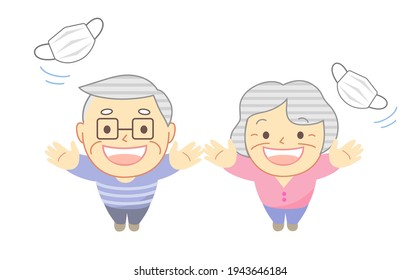 Illustration of an elderly person throwing a mask into the sky High angle