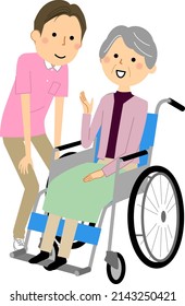 It is an illustration of an elderly person in a wheelchair and a caregiver.