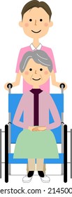 It is an illustration of an elderly person in a wheelchair and a caregiver.