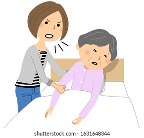 It is an illustration of an elderly person who is angry and scared by a caregiver.