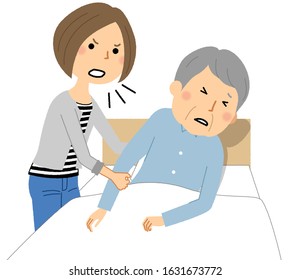 It is an illustration of an elderly person who is angry and scared by a caregiver.