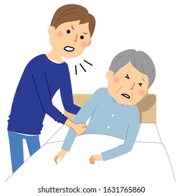 It is an illustration of an elderly person who is angry and scared by a caregiver.