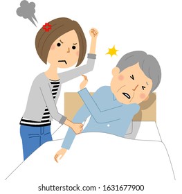 It is an illustration of an elderly person who is beaten and scared by a caregiver.