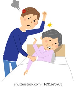 It is an illustration of an elderly person who is beaten and scared by a caregiver.