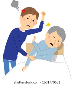 It is an illustration of an elderly person who is beaten and scared by a caregiver.