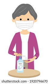 It is an illustration of an elderly person who sterilizes his hands with alcohol.