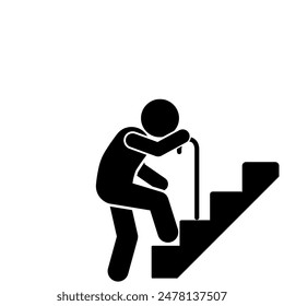 illustration of an elderly stick figure flat character with a cane climbing a staircase