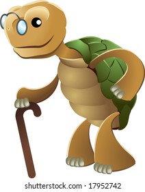 Illustration of elderly tortoise wearing eyeglasses and holding walking cane