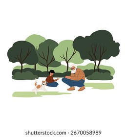 Ilustração de homem branco idoso e menino jovem brincando com o cão no parque urbano ensolarado com árvores verdes e grama. Ilustração de vetor plano.
