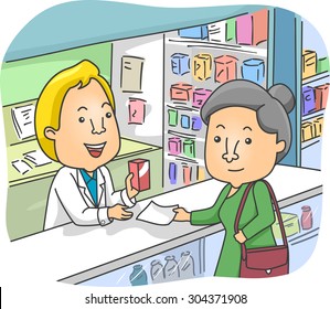 Illustration of an Elderly Woman Buying Medicine in a Pharmacy