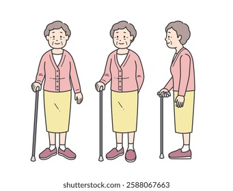 Illustration of an elderly woman with a cane seen from various angles