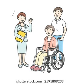 Illustration of elderly woman and caregiver being briefed by care manager.
