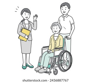 Illustration of an elderly woman and a caregiver receiving explanations from a care manager