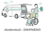 Illustration of an elderly woman, a caregiver, and a welfare vehicle being taken to and from a nursing care facility