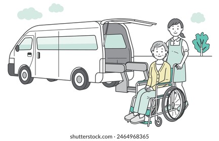 Illustration of an elderly woman, a caregiver, and a welfare vehicle being taken to and from a nursing care facility