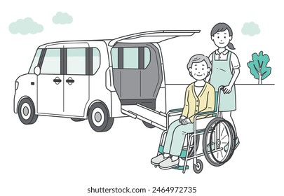 Illustration of an elderly woman, a caregiver, and a welfare vehicle being taken to and from a nursing care facility