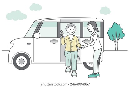 Illustration of an elderly woman, a caregiver, and a welfare vehicle being taken to and from a nursing care facility