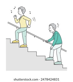 Illustration of an elderly woman climbing the stairs with vigor and an elderly man who seems to be in pain