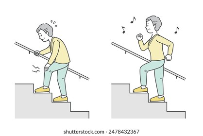 Illustration of an elderly woman climbing the stairs cheerfully and an elderly woman who looks distressed