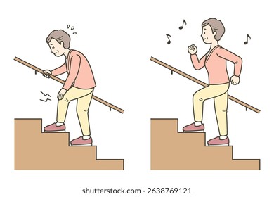 Illustration of an elderly woman climbing the stairs cheerfully and an elderly woman who looks distressed
