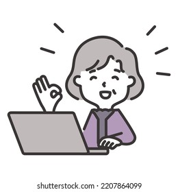 Illustration of an elderly woman doing an okay sign while operating a personal computer