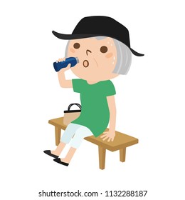 An illustration of an elderly woman drinking a water bottle water sweating on a high temperature day.