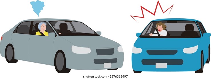 Illustration of an elderly woman driving absentmindedly and a car that is about to collide