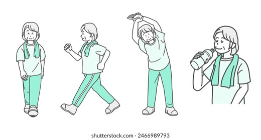 Illustration of elderly woman exercising to stay healthy (set)