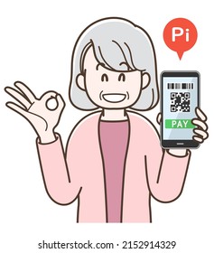 Illustration of an elderly woman explaining about payments using a smartphone