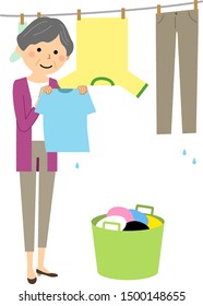 Illustration of elderly woman hanging laundry.