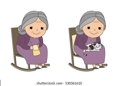 Illustration of an Elderly Woman Happily Knitting Her Spare Time  and hug a fat cat