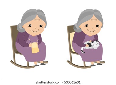Illustration of an Elderly Woman Happily Knitting Her Spare Time  and hug a fat cat