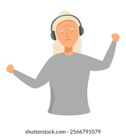 Illustration of an elderly woman happily listening to music with headphones on, feeling relaxed