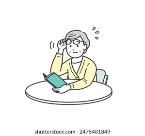 Illustration of an elderly woman having trouble reading a book because her reading glasses are not strong enough