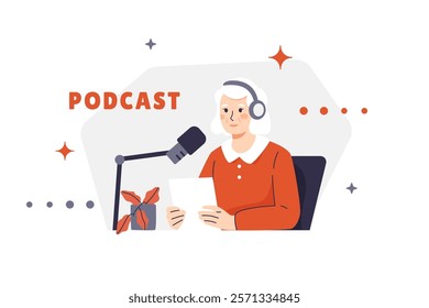 Illustration of an elderly woman with headphones, hosting a podcast, sitting at a table with notes. Gray-haired character sharing knowledge with an audience. Studio interior for recording a podcast