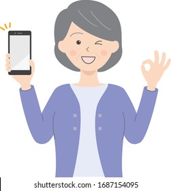 Illustration of an elderly woman holding a smartphone