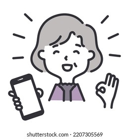 Illustration of an elderly woman holding a smartphone and doing an okay sign