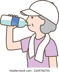 Illustration of an elderly woman hydrating while exercising