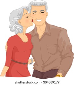 Illustration of an Elderly Woman Kissing the Cheek of an Elderly Man