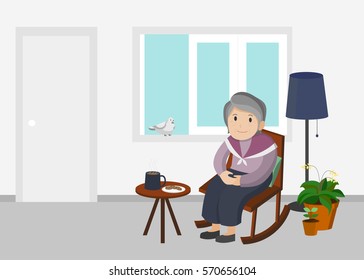 Illustration of an Elderly woman in living room.