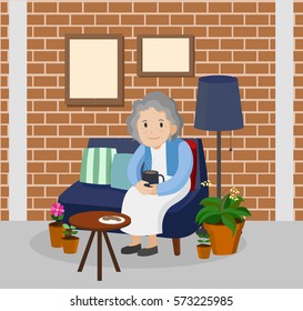 Illustration of an elderly woman in living room.