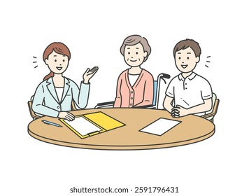 Illustration of elderly woman and male caregiver being briefed by care manager.