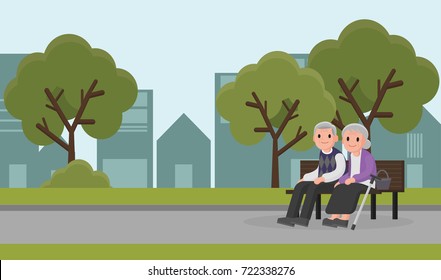 Illustration of an elderly woman and man sit on a bench at park. a senior couple sit together.  Vector illustration in cartoon style.
