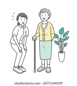 Illustration of an elderly woman and a nurse having a conversation while looking at each other and smiling