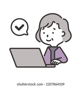 Illustration of an elderly woman operating a computer with a smile