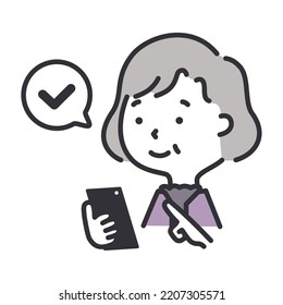 Illustration of an elderly woman operating a smartphone with a smile