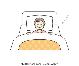 Illustration of an elderly woman in pajamas sleeping soundly in bed with a smile