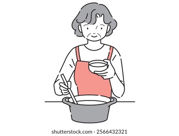 Illustration of an elderly woman pouring soup from a pot